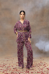 Purple Printed Embroidered Top, Pants And Belt Co Ord Set