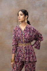 Purple Printed Embroidered Top, Pants And Belt Co Ord Set