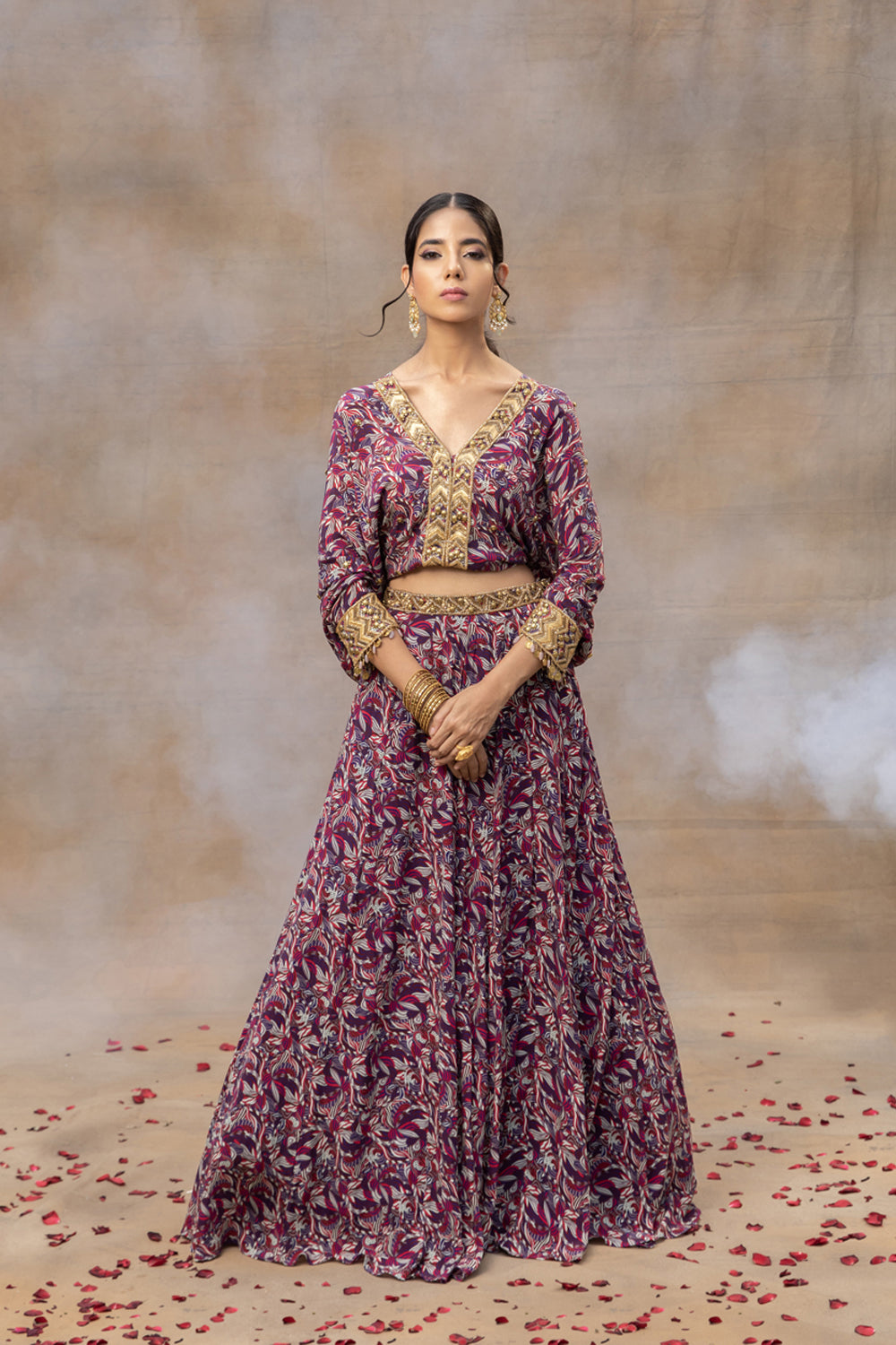 Purple Printed Embroidered Batwing Sleeves Top With Lehenga Set