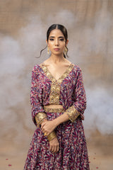 Purple Printed Embroidered Batwing Sleeves Top With Lehenga Set