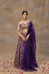 Purple Printed Embroidered Choli, Lehenga And Dupatta Set