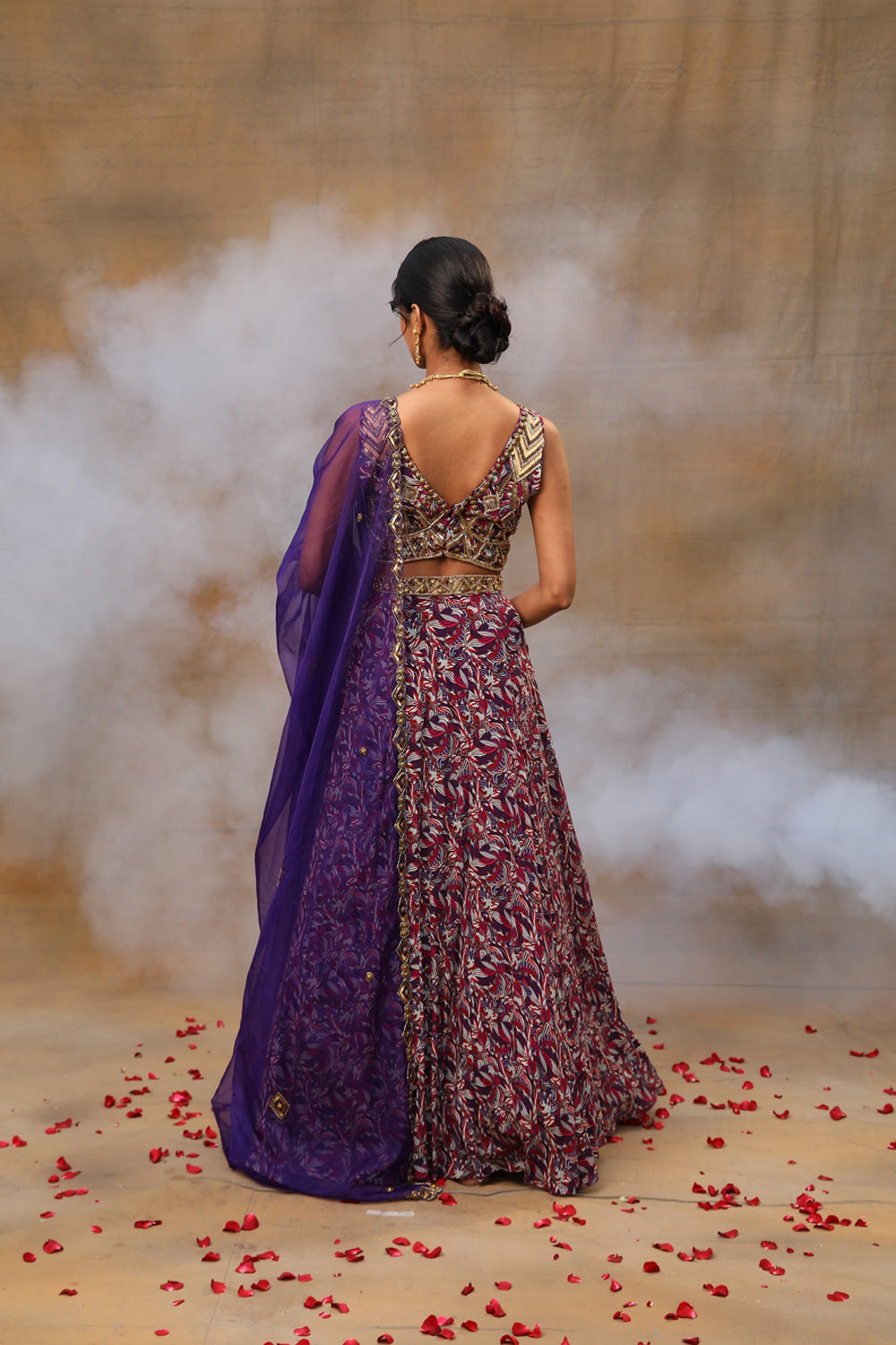 Purple Printed Embroidered Choli, Lehenga And Dupatta Set