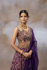 Purple Printed Embroidered Choli, Lehenga And Dupatta Set