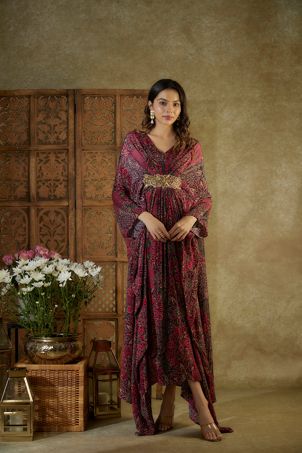 Pink Printed Kaftan With Embroidery