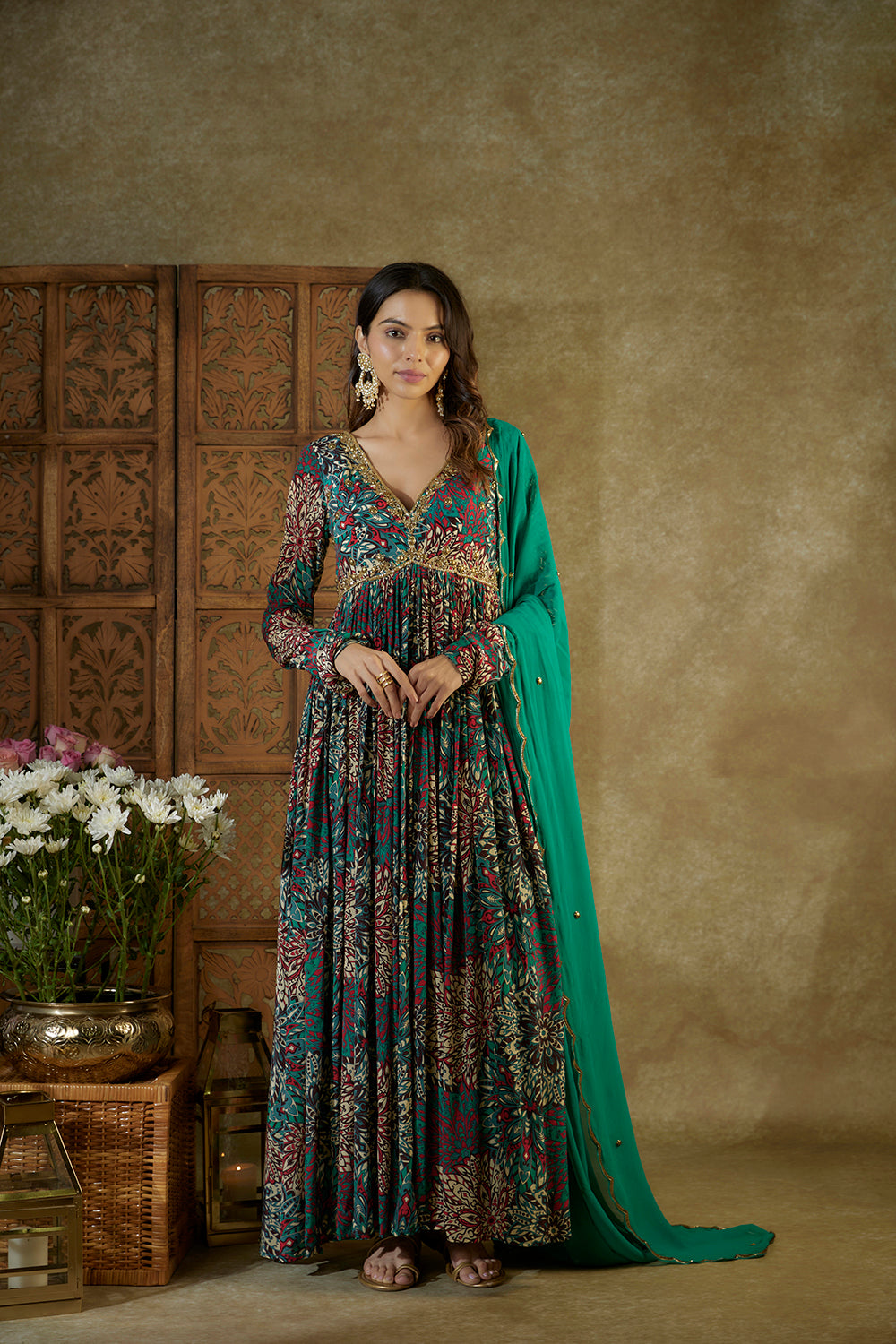 Green Printed Anarkali With Embroidery And Dupatta Set