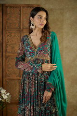 Green Printed Anarkali With Embroidery And Dupatta Set