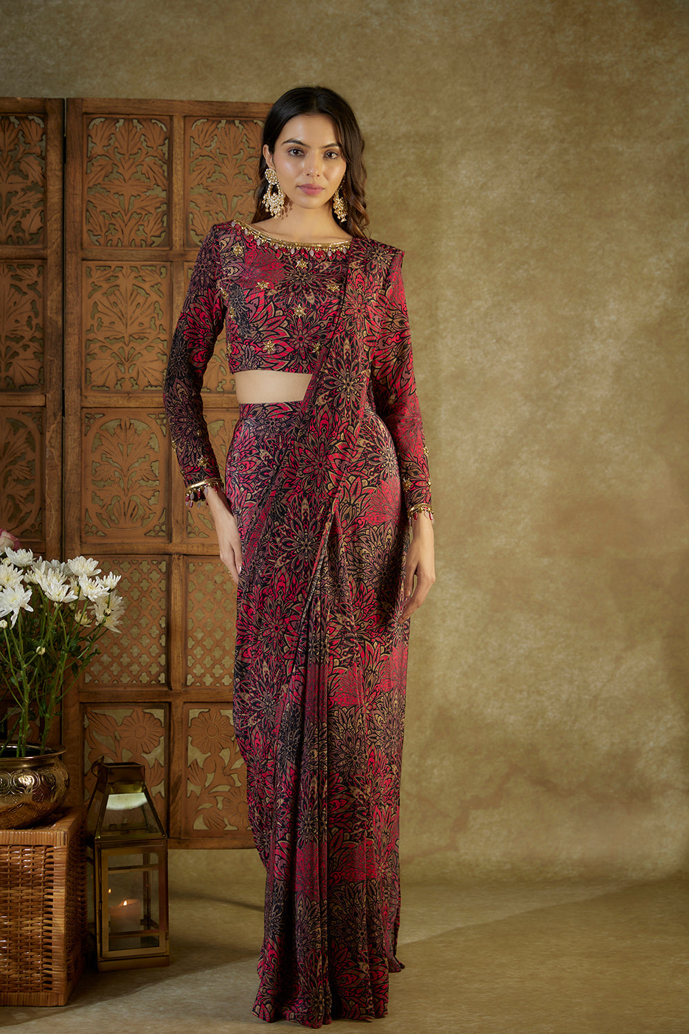 Pink Printed Pre Stitched Saree