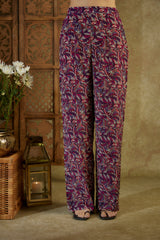 Purple Printed Kaftan Top, Bustier And Pants Co Ord Set