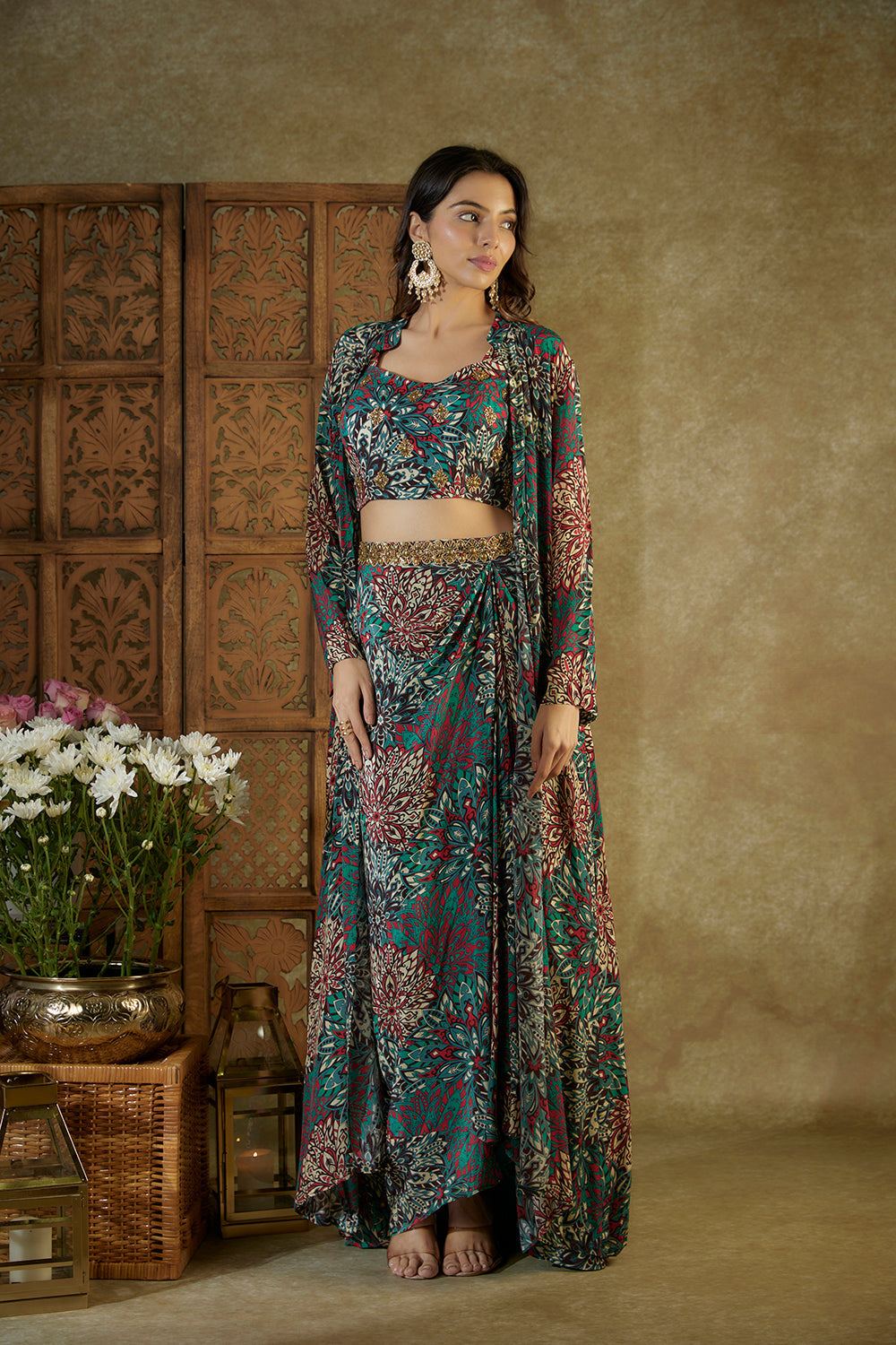 Green Printed Choli, Draped Skirts And Jacket Set