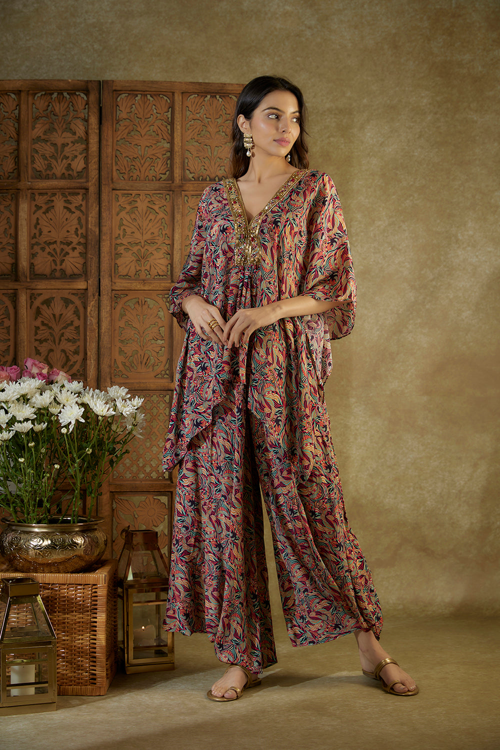 Ivory Printed Kaftan Top And Pleated Dhoti Pants Set