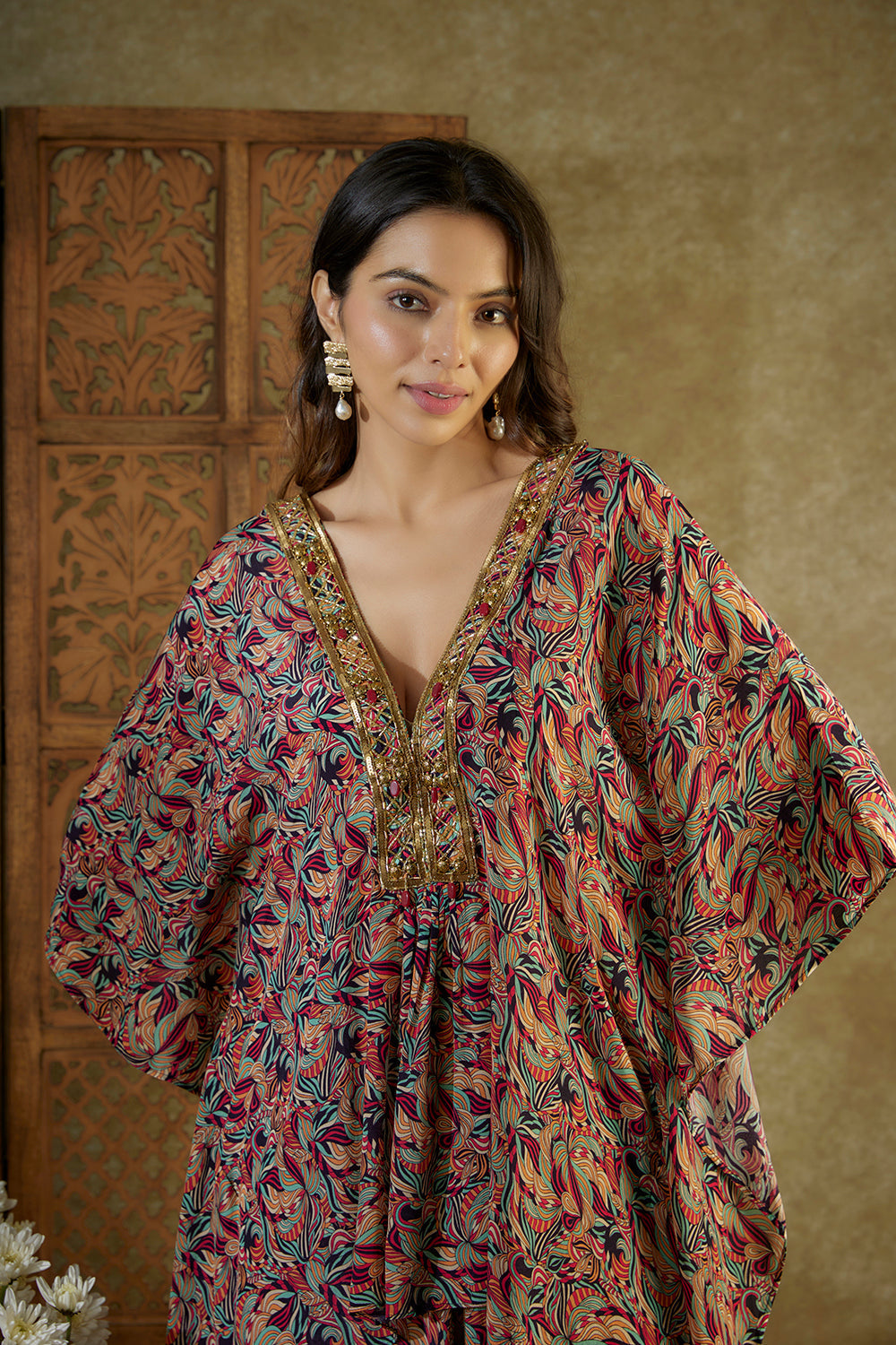 Ivory Printed Kaftan Top And Pleated Dhoti Pants Set