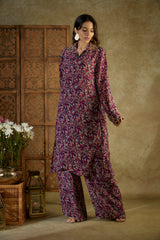 Purple Printed Embroidered Long Kurta And Pants Set