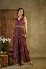 Pink Printed Top, Pleated Dhoti Pants And Belt Set