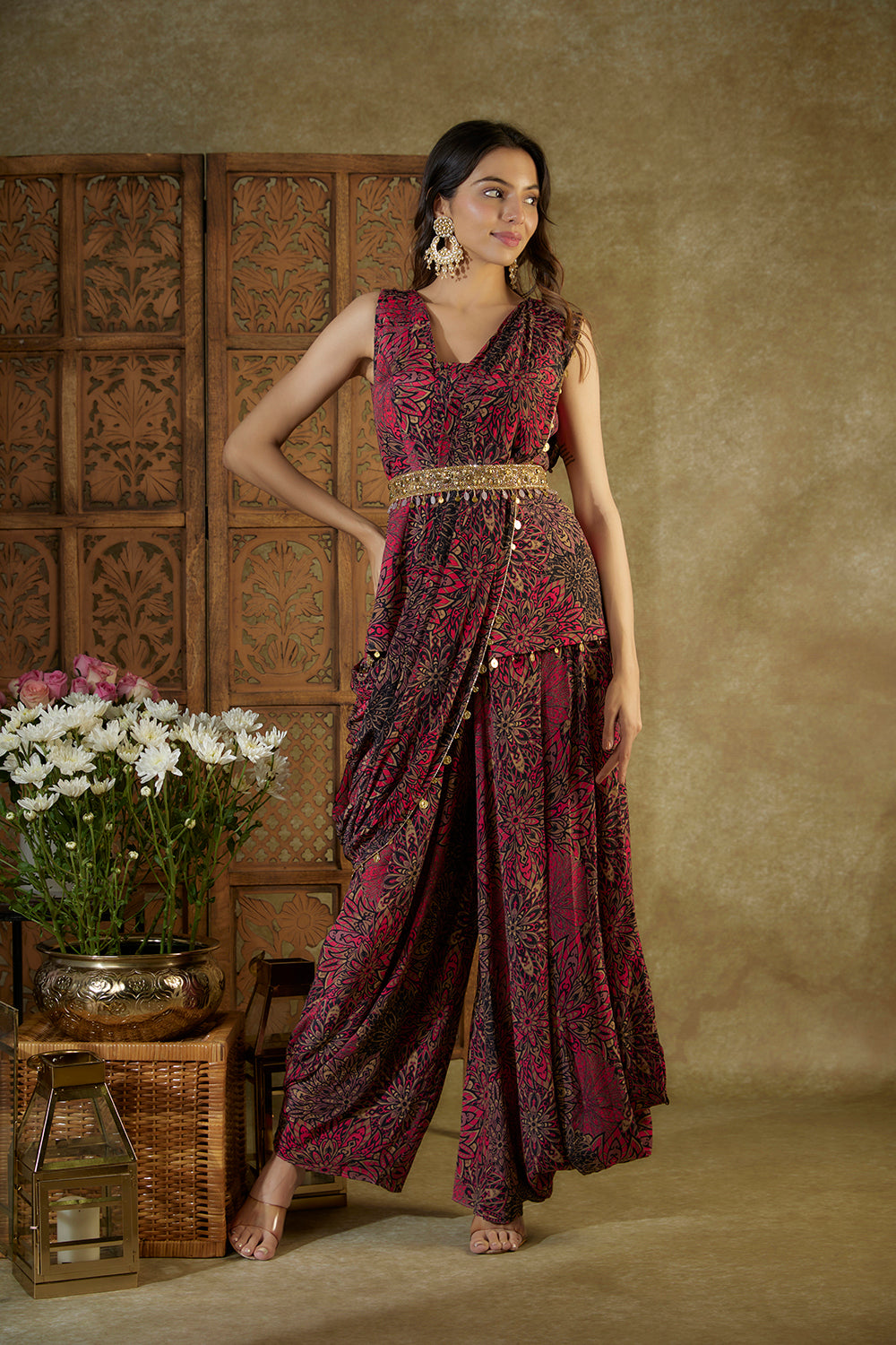 Pink Printed Top, Pleated Dhoti Pants, Pre Pleated Drape And Belt Set