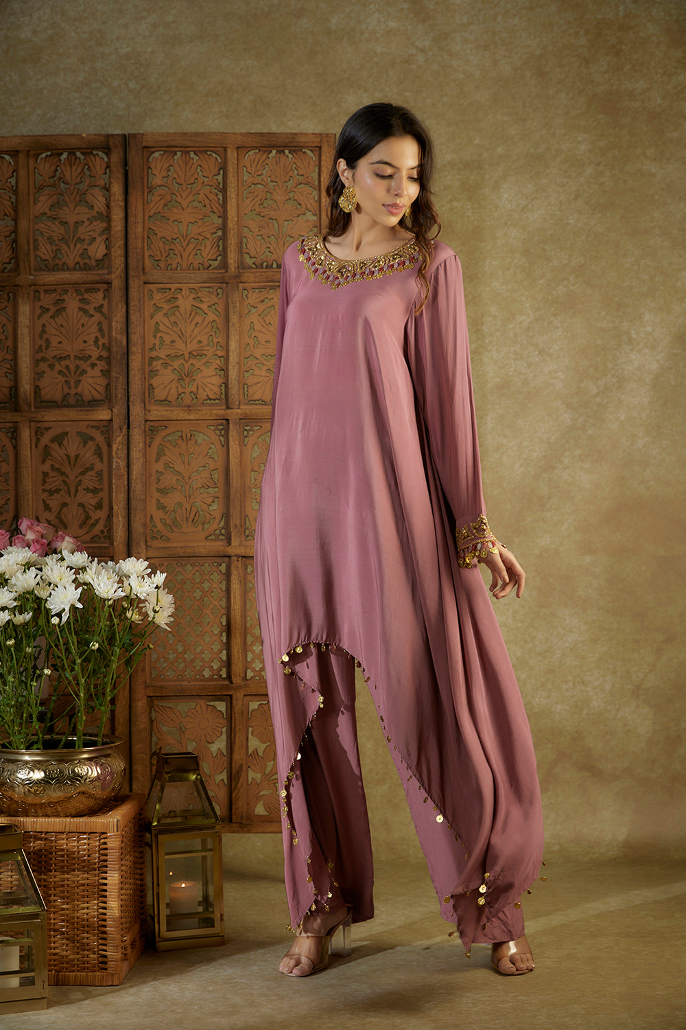 Rose Pink Embroidered Asymmetrical Kurta And Pants Set