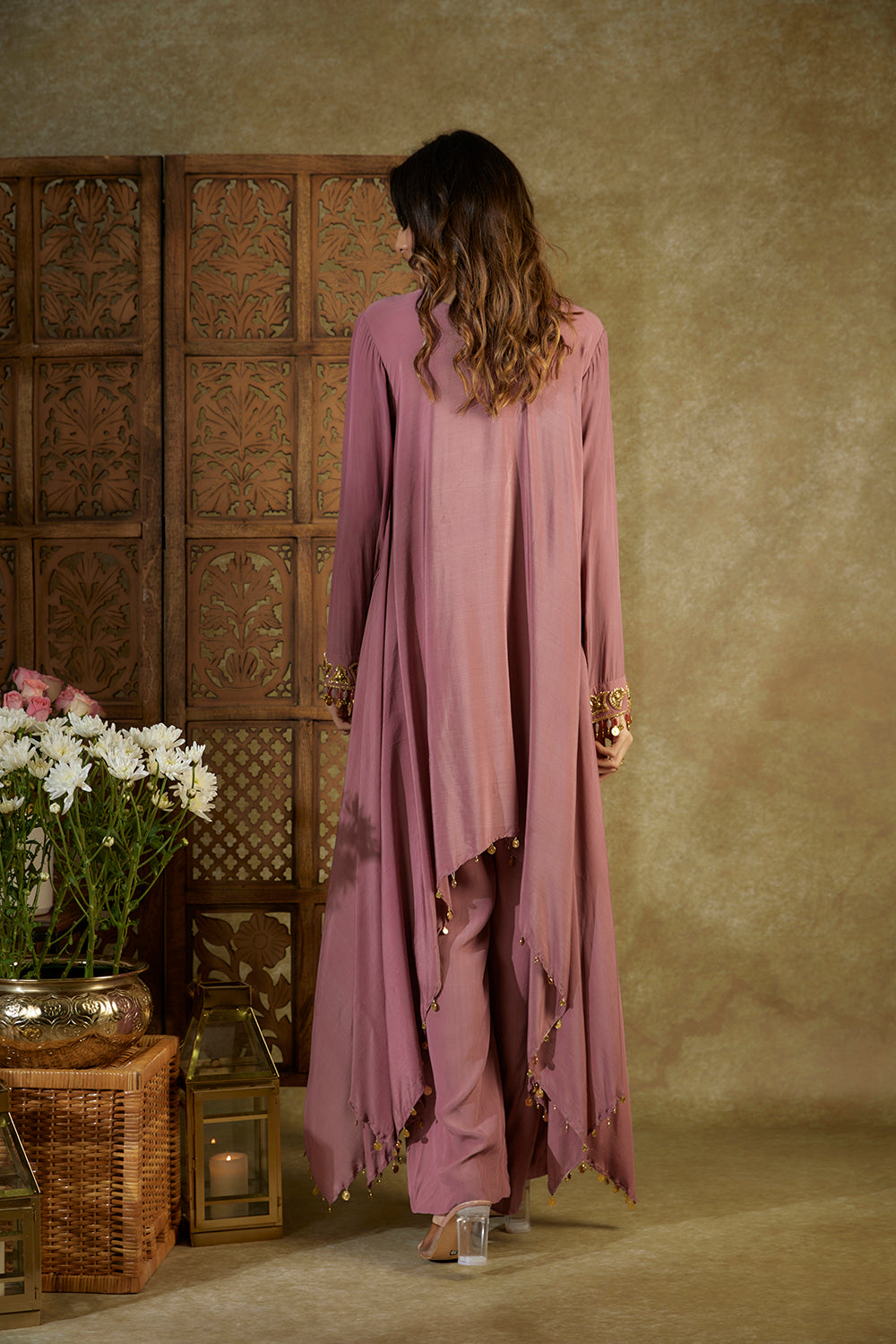 Rose Pink Embroidered Asymmetrical Kurta And Pants Set