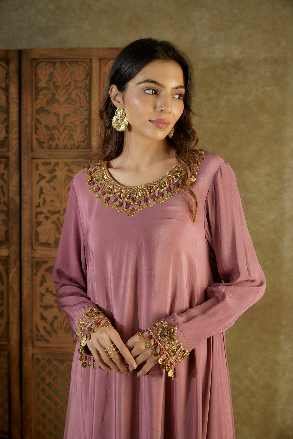 Rose Pink Embroidered Asymmetrical Kurta And Pants Set