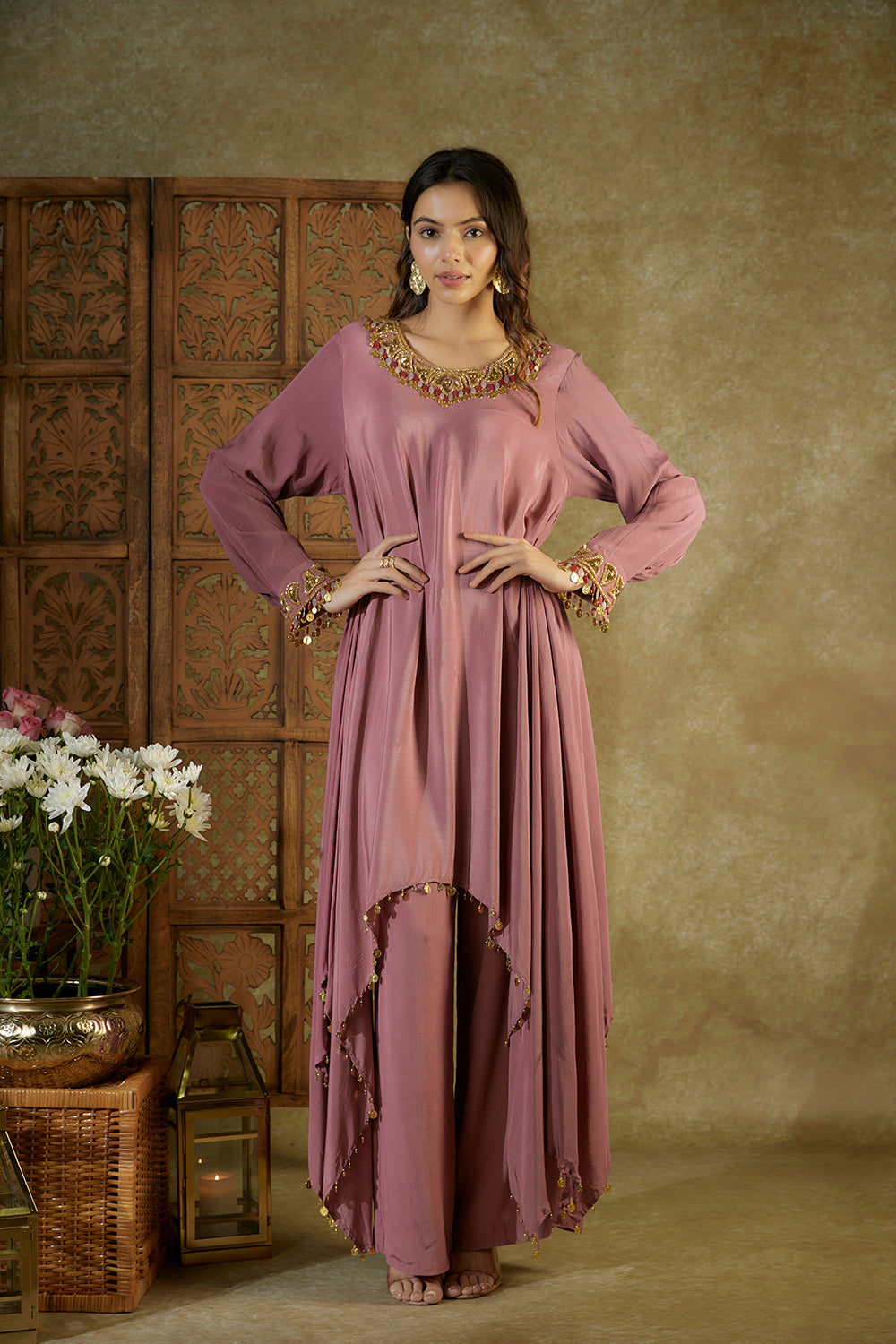 Rose Pink Embroidered Asymmetrical Kurta And Pants Set