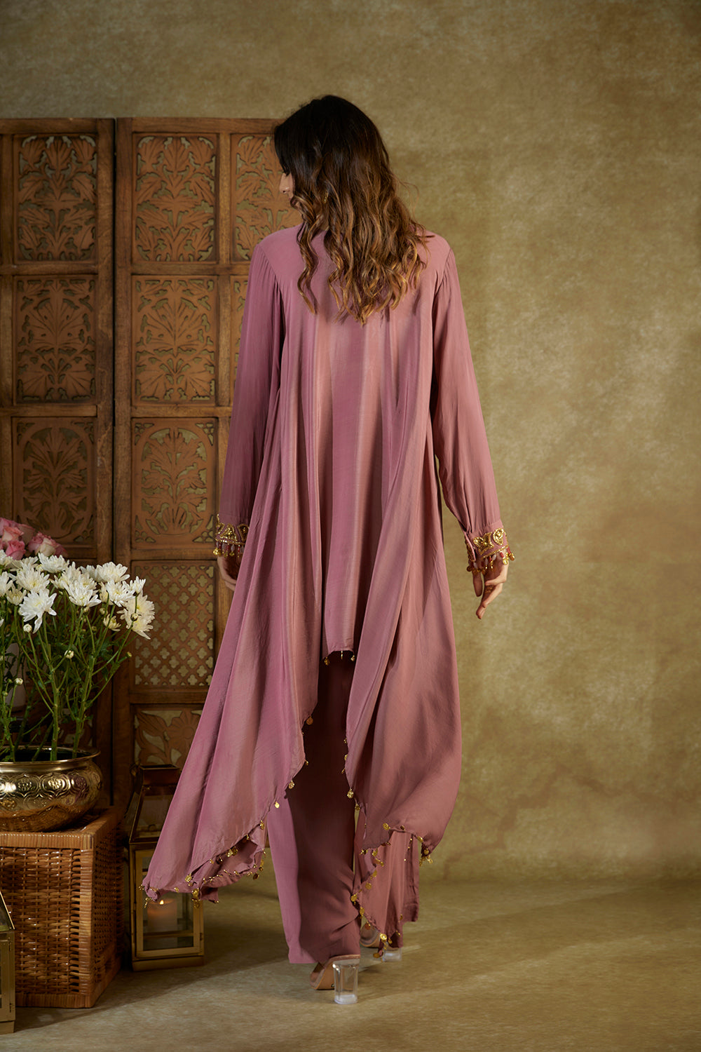 Rose Pink Embroidered Asymmetrical Kurta And Pants Set