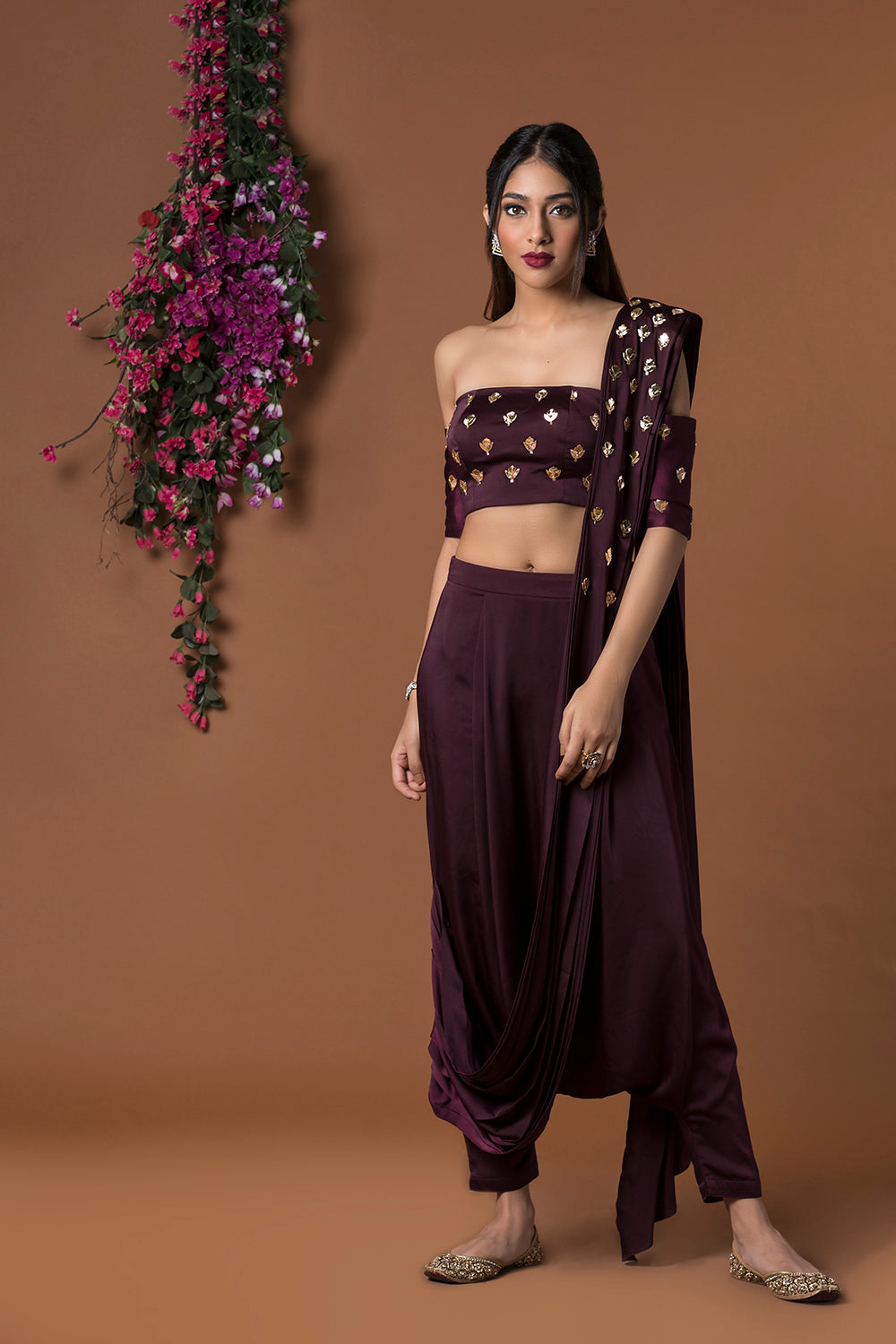 Wine Crop Top With Low Crotch Dhoti Sari