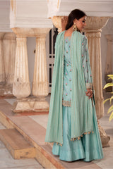 Ice Blue Chanderi Silk Straight Kurti Paired With Gharara And Mukaish Dupatta