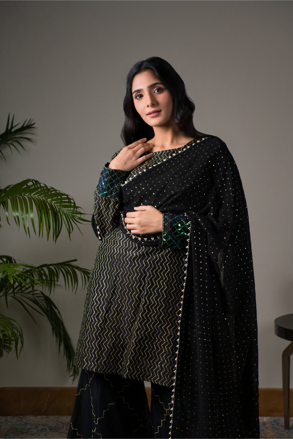 Black Chanderi Silk Kurti Paired With Gharara And Dupatta