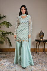 Ice Blue Tulle Kurti  Paired With Kasab Silk Gharara And Dupatta