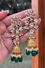 Petal Flower Golden Polki Jhumkis- Green