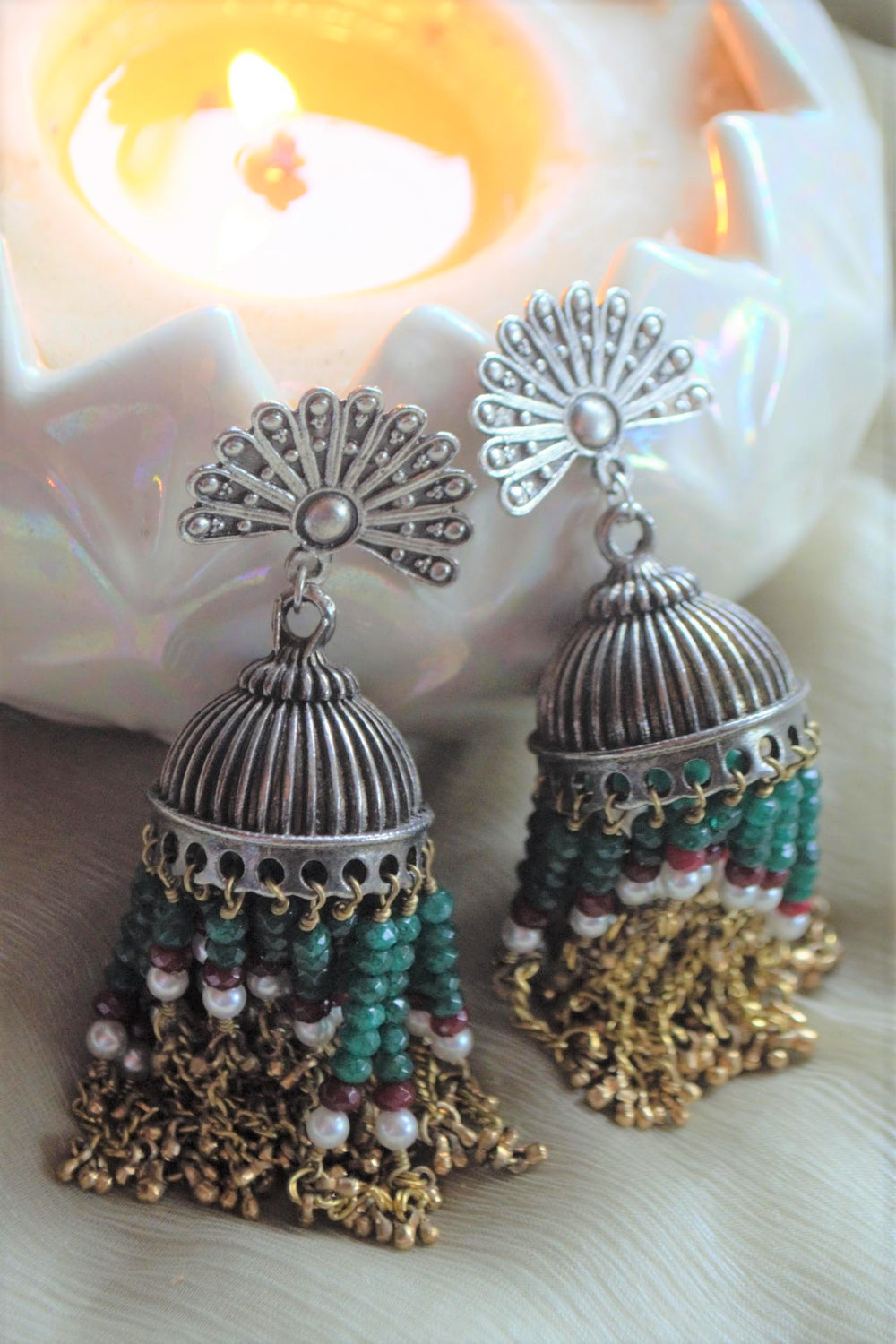 Banjara Chain Jhumkas (Green Jades)