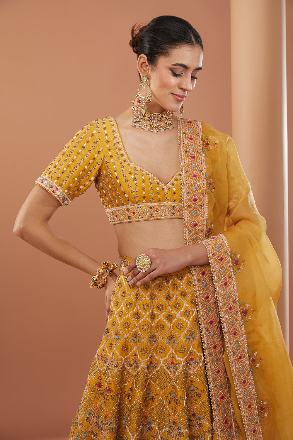 Yellow Raw Silk Hand Embroidered Lehanga Set