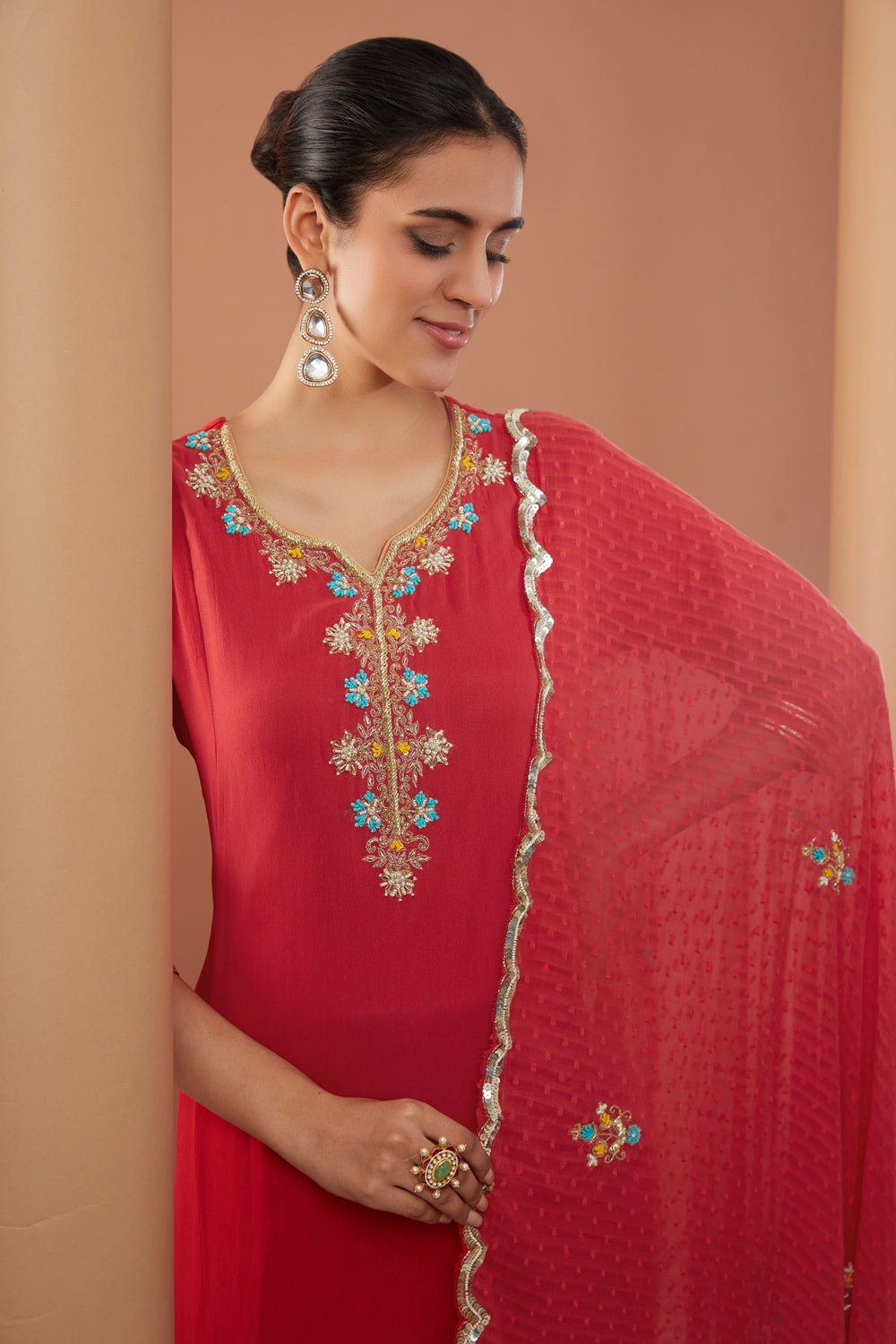 Red Georgette Hand Embroidered Kurta Suit Set