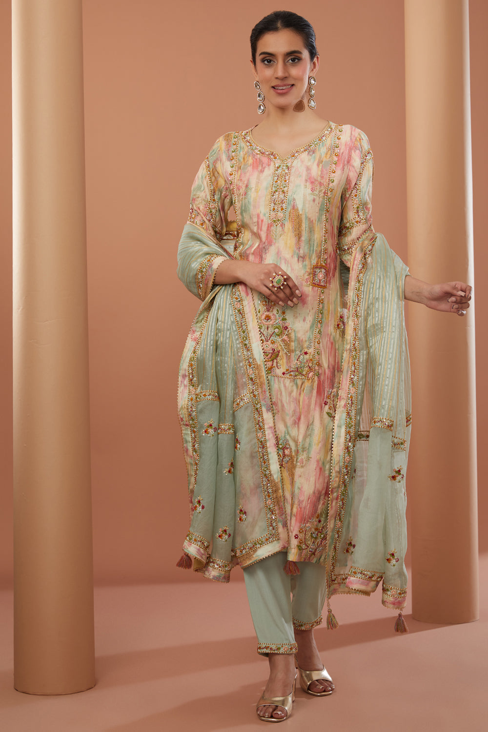 Beige Chanderi Silk Hand Embroidered Kurta Suit Set