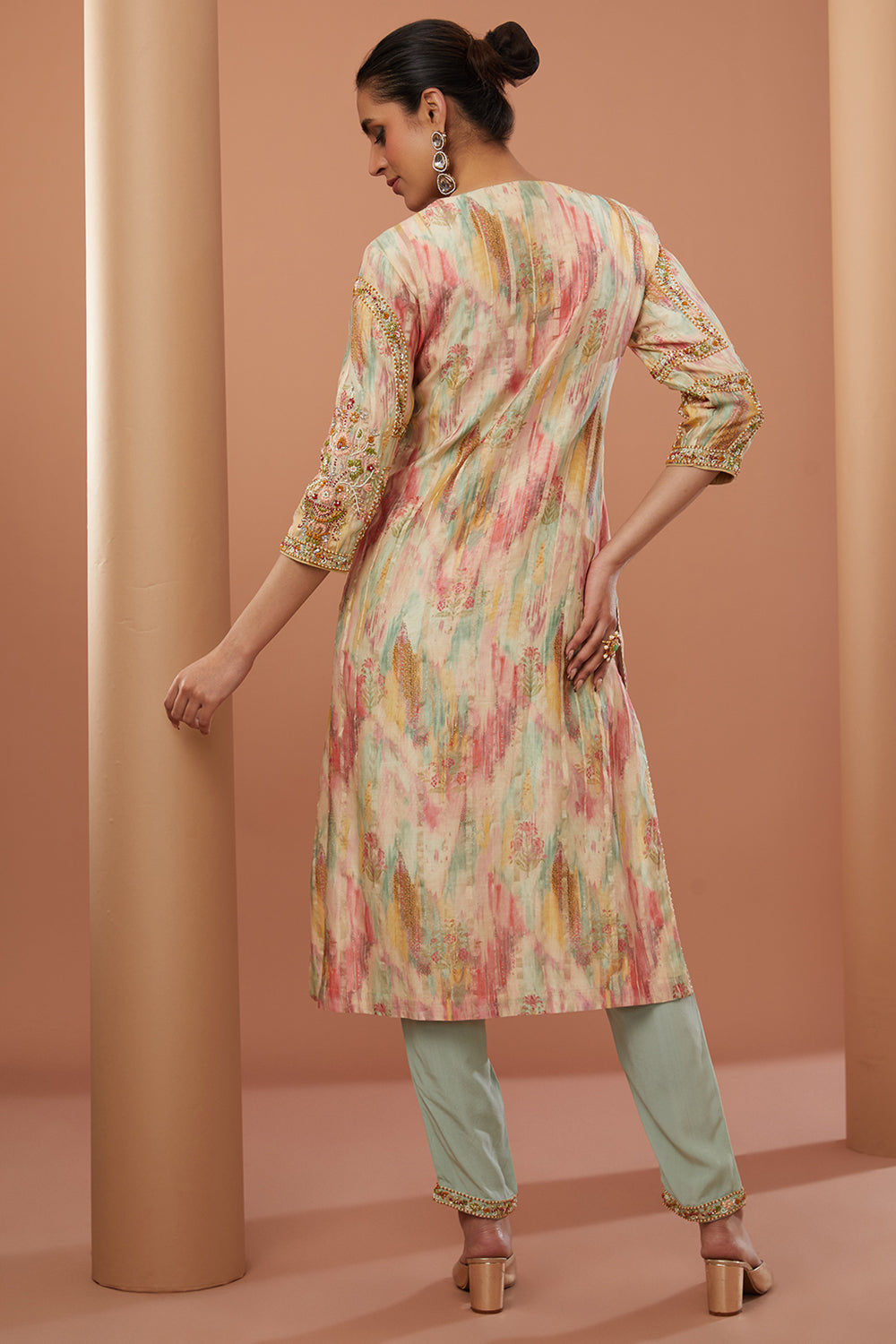 Beige Chanderi Silk Hand Embroidered Kurta Suit Set