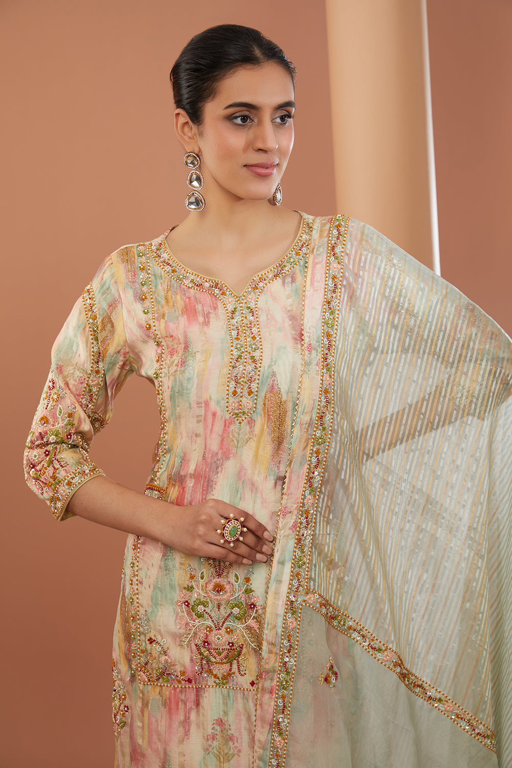 Beige Chanderi Silk Hand Embroidered Kurta Suit Set