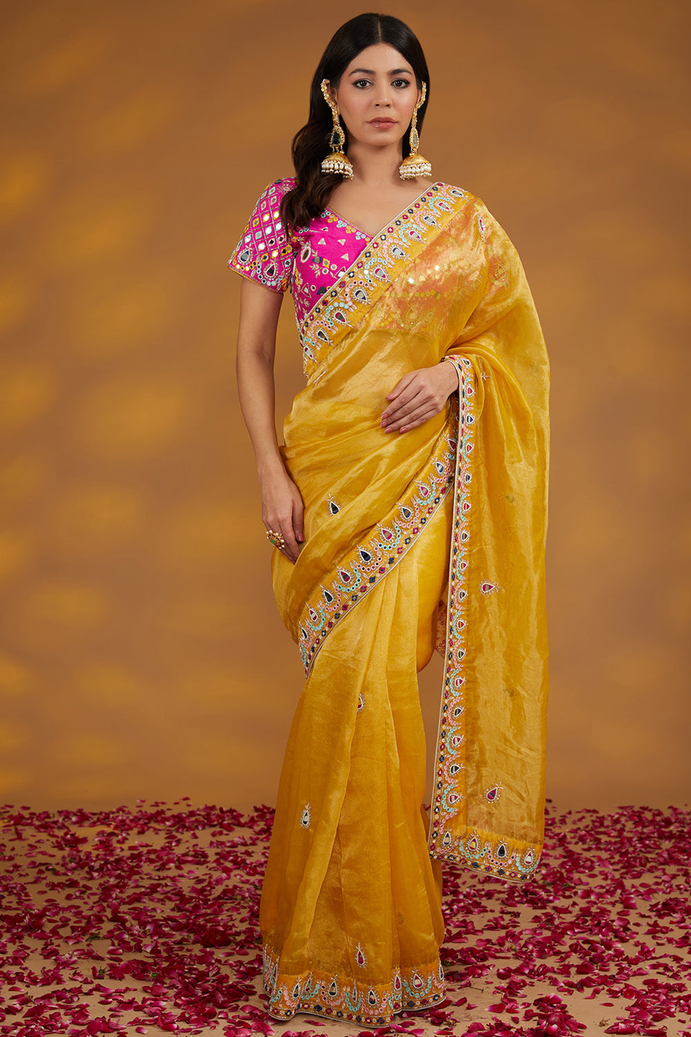 Yellow Organza Hand Embroidered Saree Set