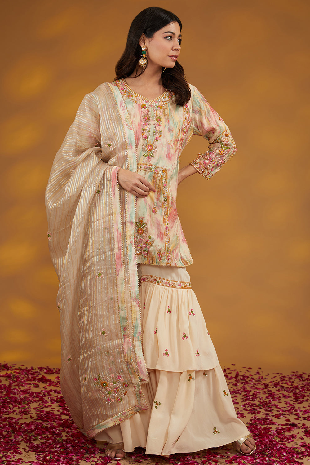 Beige Chanderi Silk Hand Embroidered Sharara Set