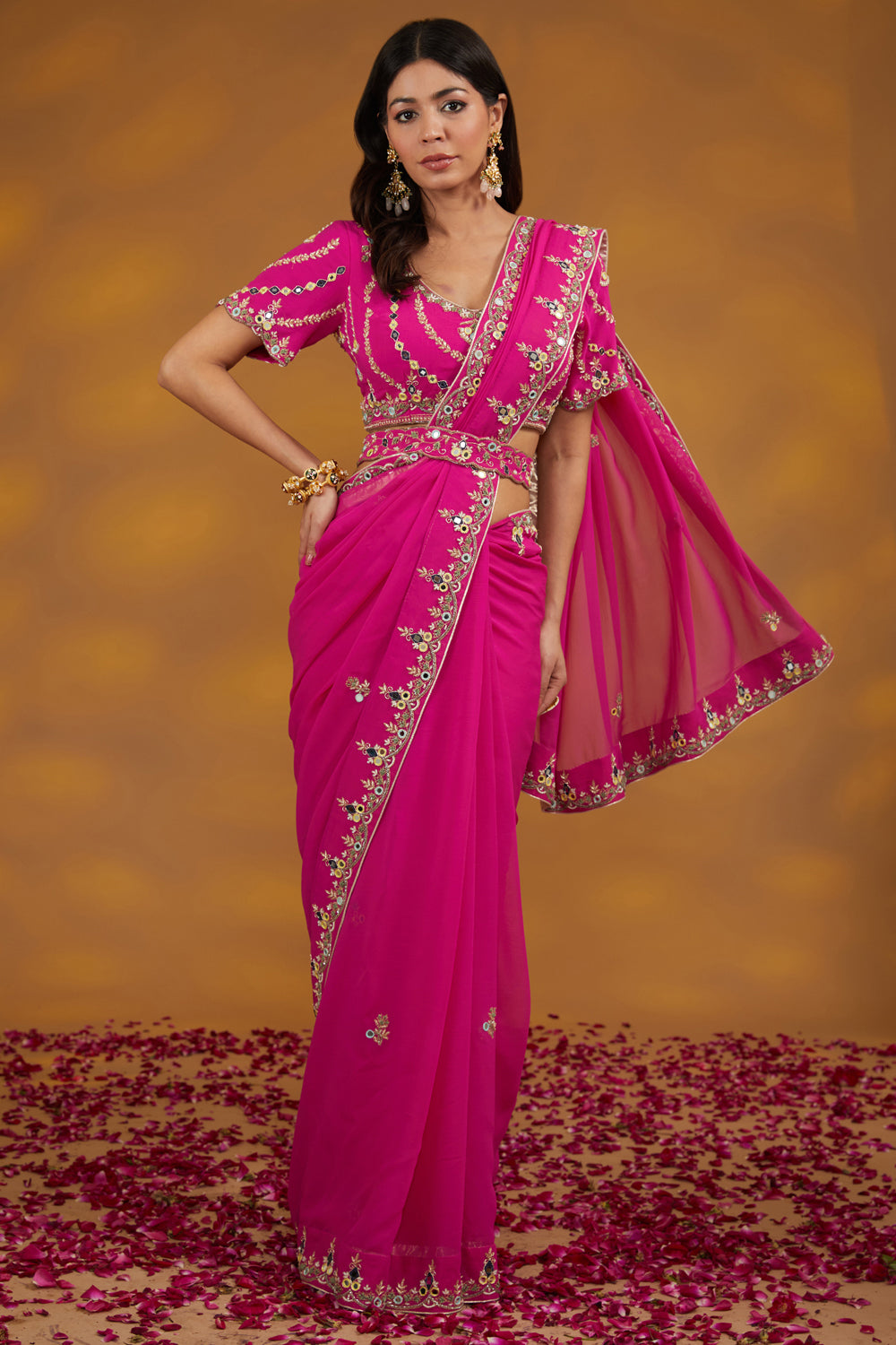 Pink Georgette Hand Embroidered Saree Set