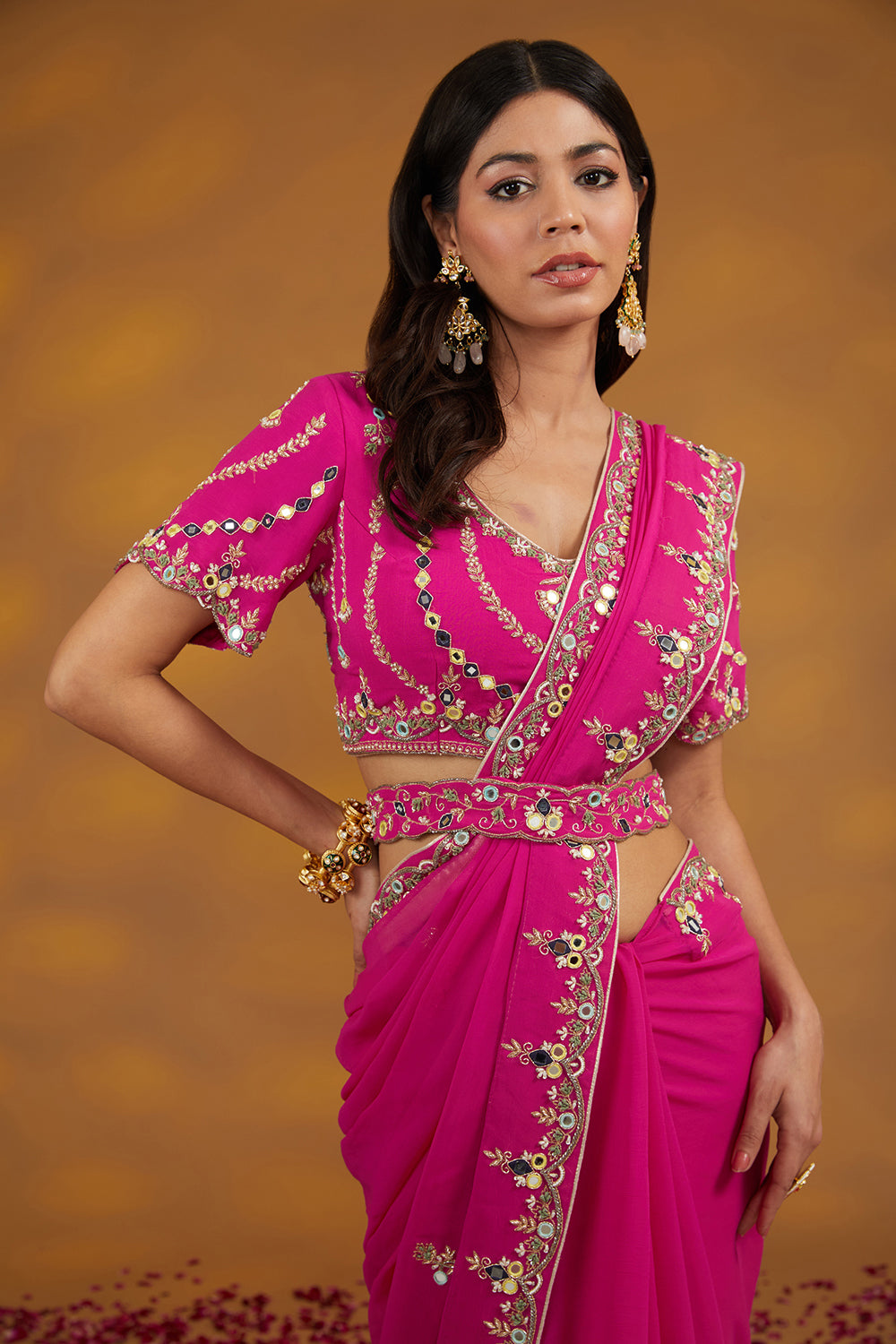 Pink Georgette Hand Embroidered Saree Set