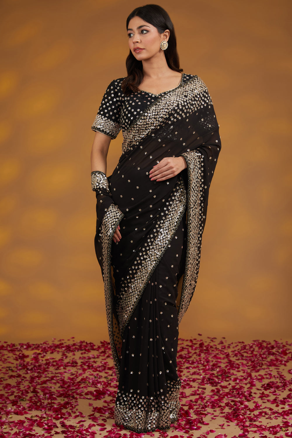 Black Georgette Hand Embroidered Saree Set