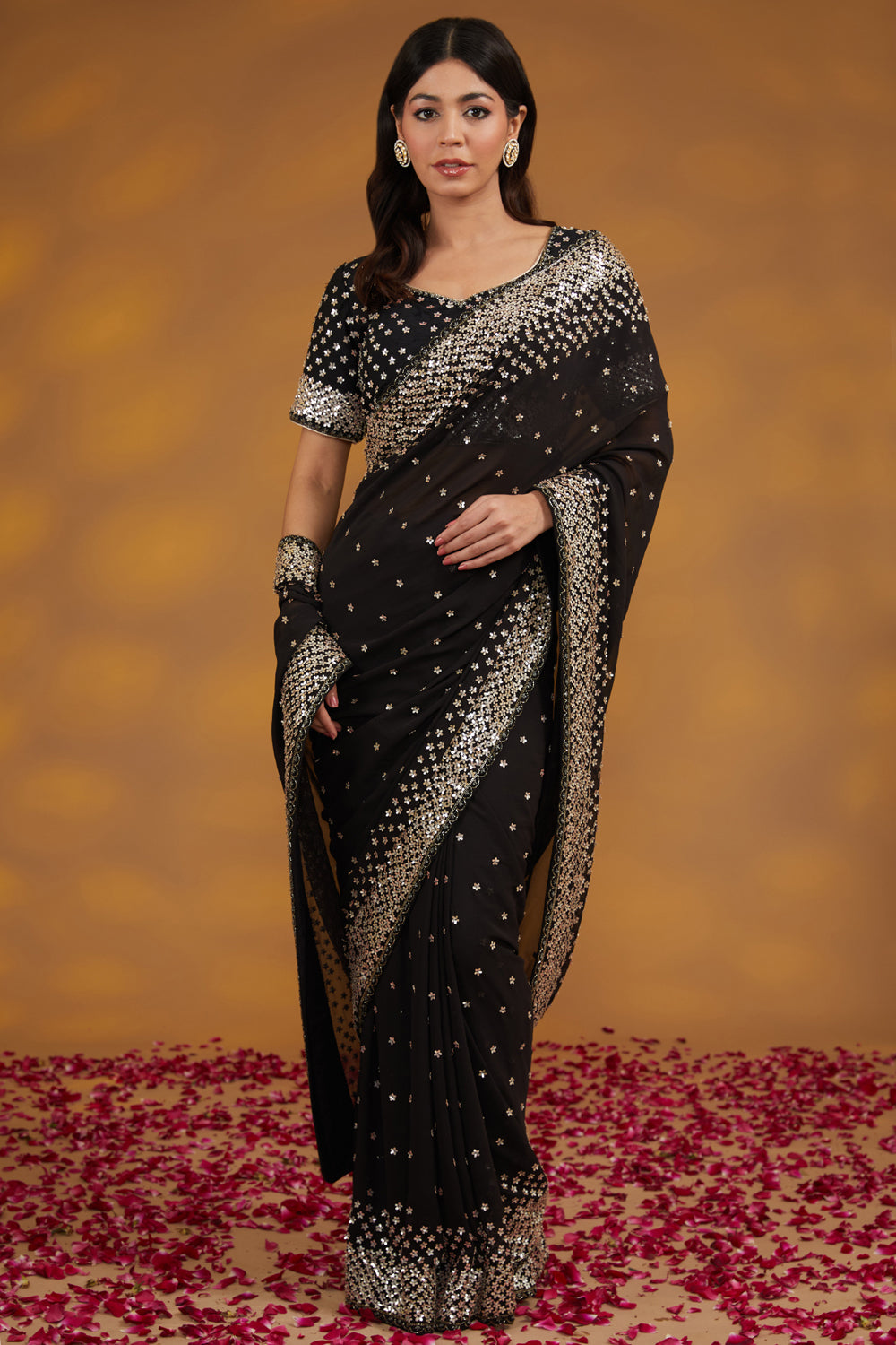 Black Georgette Hand Embroidered Saree Set