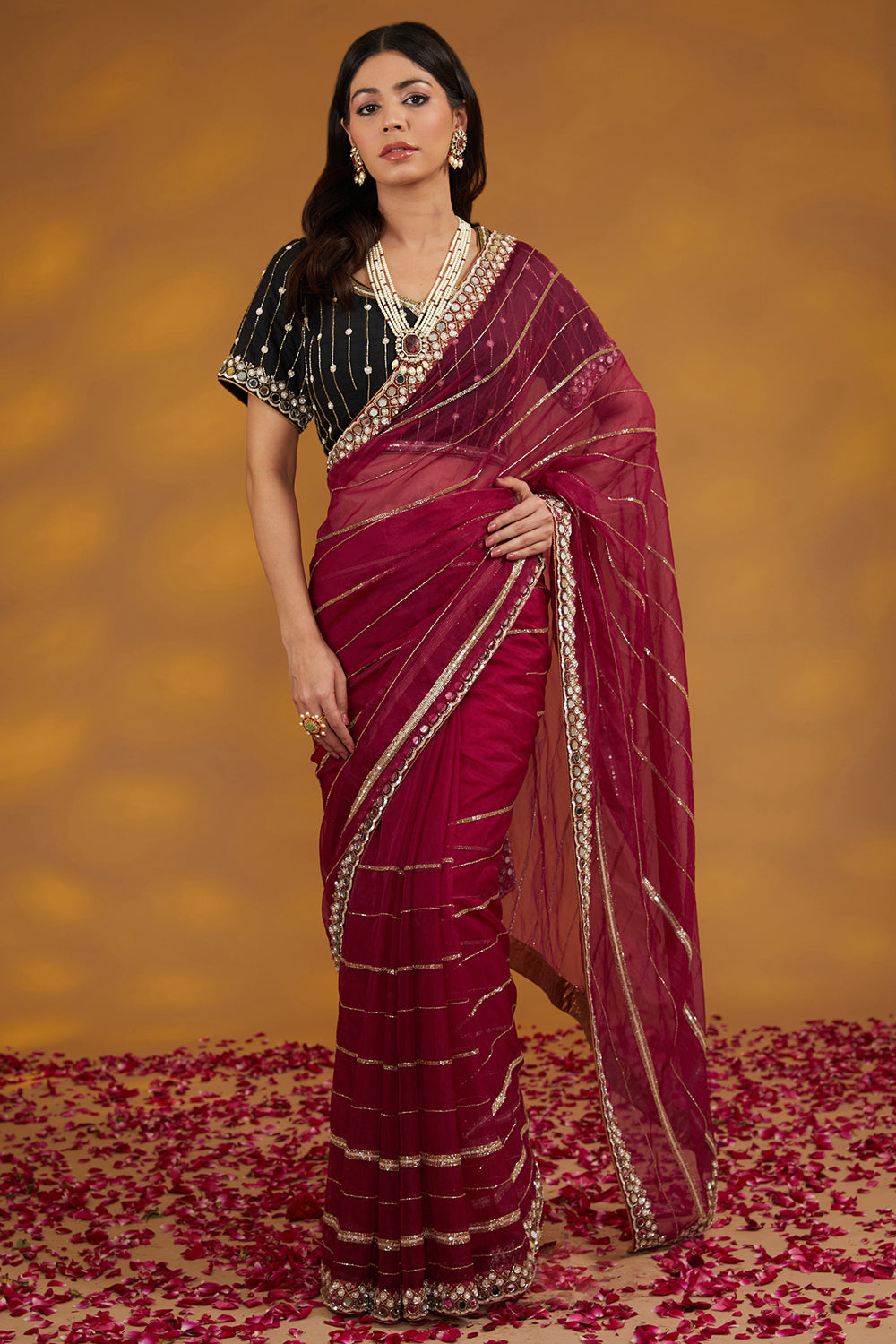 Maroon Organza Hand Embroidered Saree Set