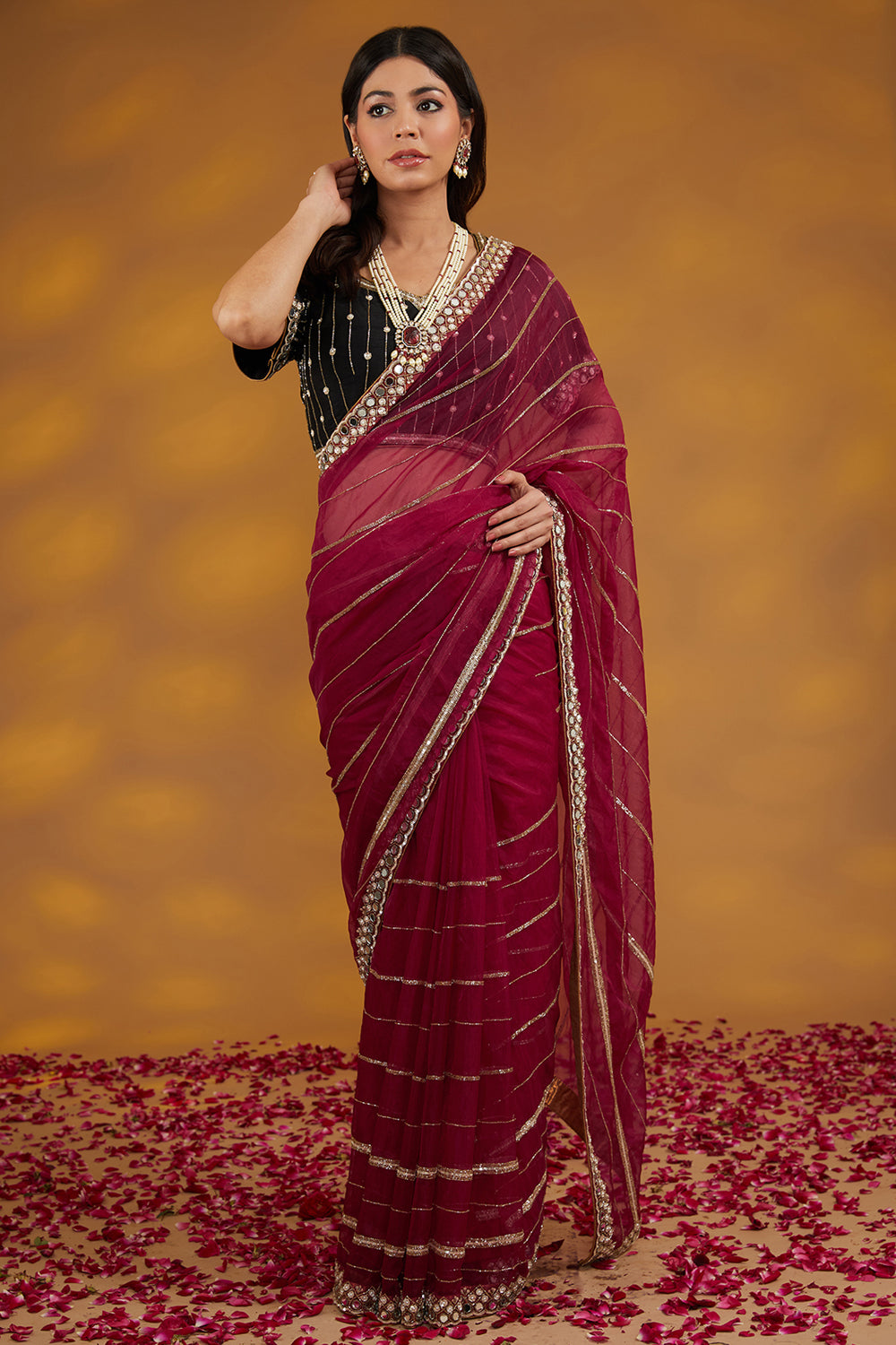 Maroon Organza Hand Embroidered Saree Set