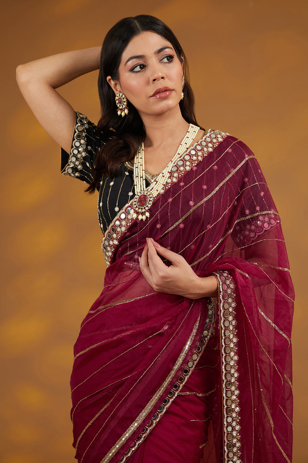 Maroon Organza Hand Embroidered Saree Set