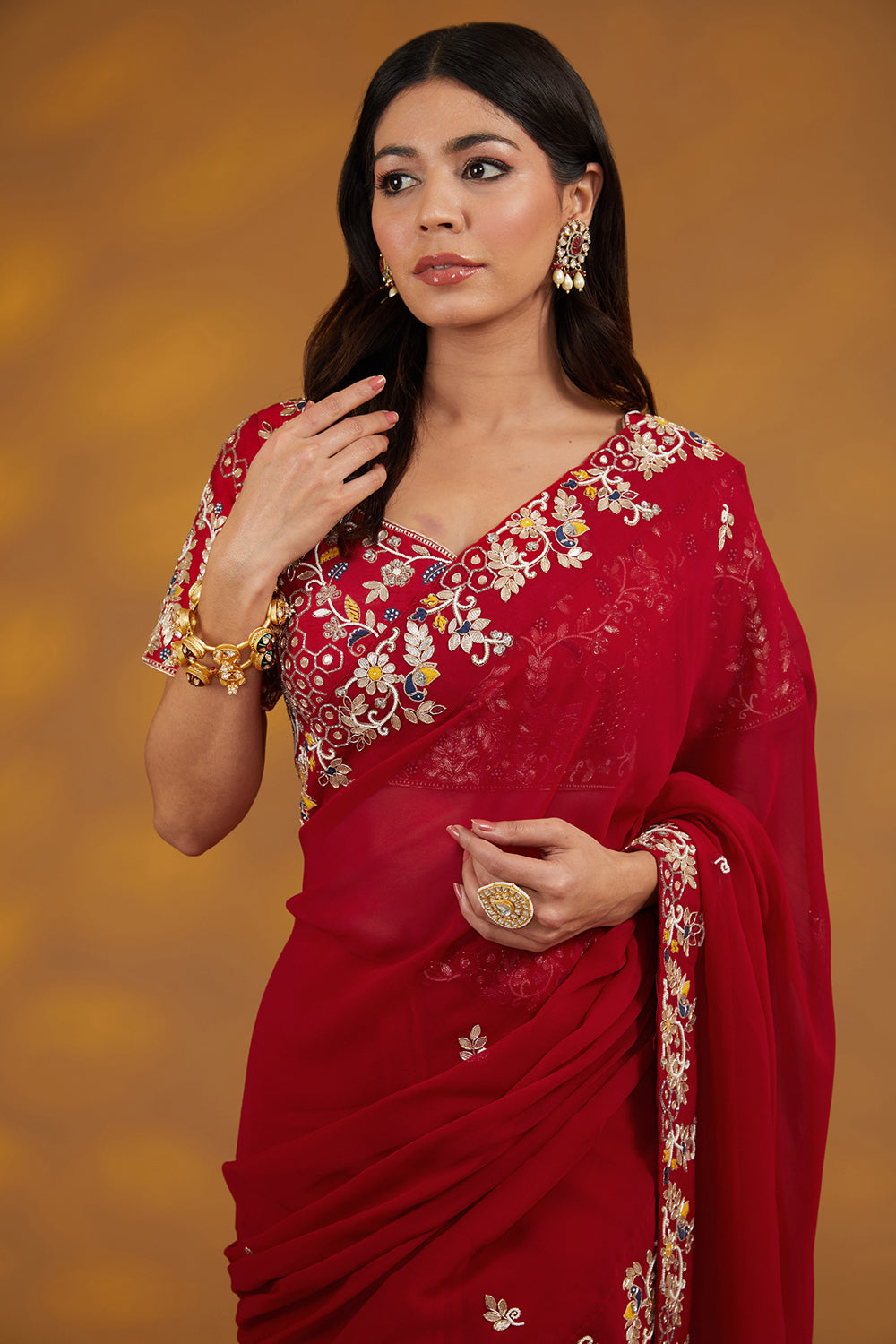 Red Georgette Hand Embroidered Saree Set