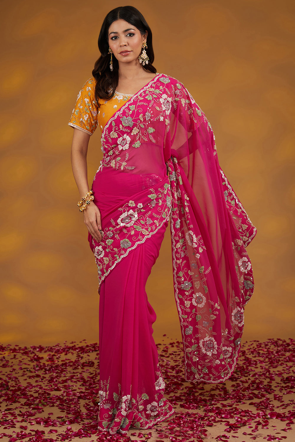 Pink Georgette Hand Embroidered Saree Set