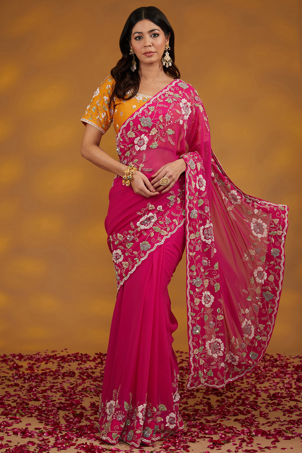 Pink Georgette Hand Embroidered Saree Set