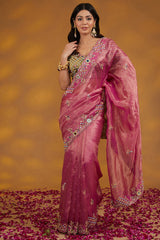 Pink Organza Tissue Hand Embroidered Saree Set