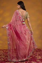 Pink Organza Tissue Hand Embroidered Saree Set