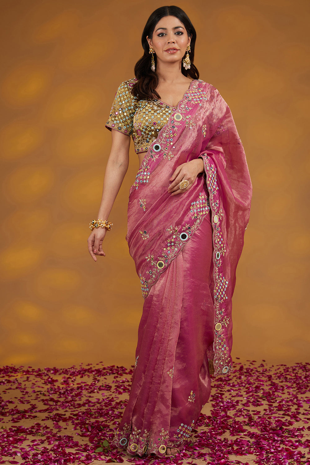 Pink Organza Tissue Hand Embroidered Saree Set