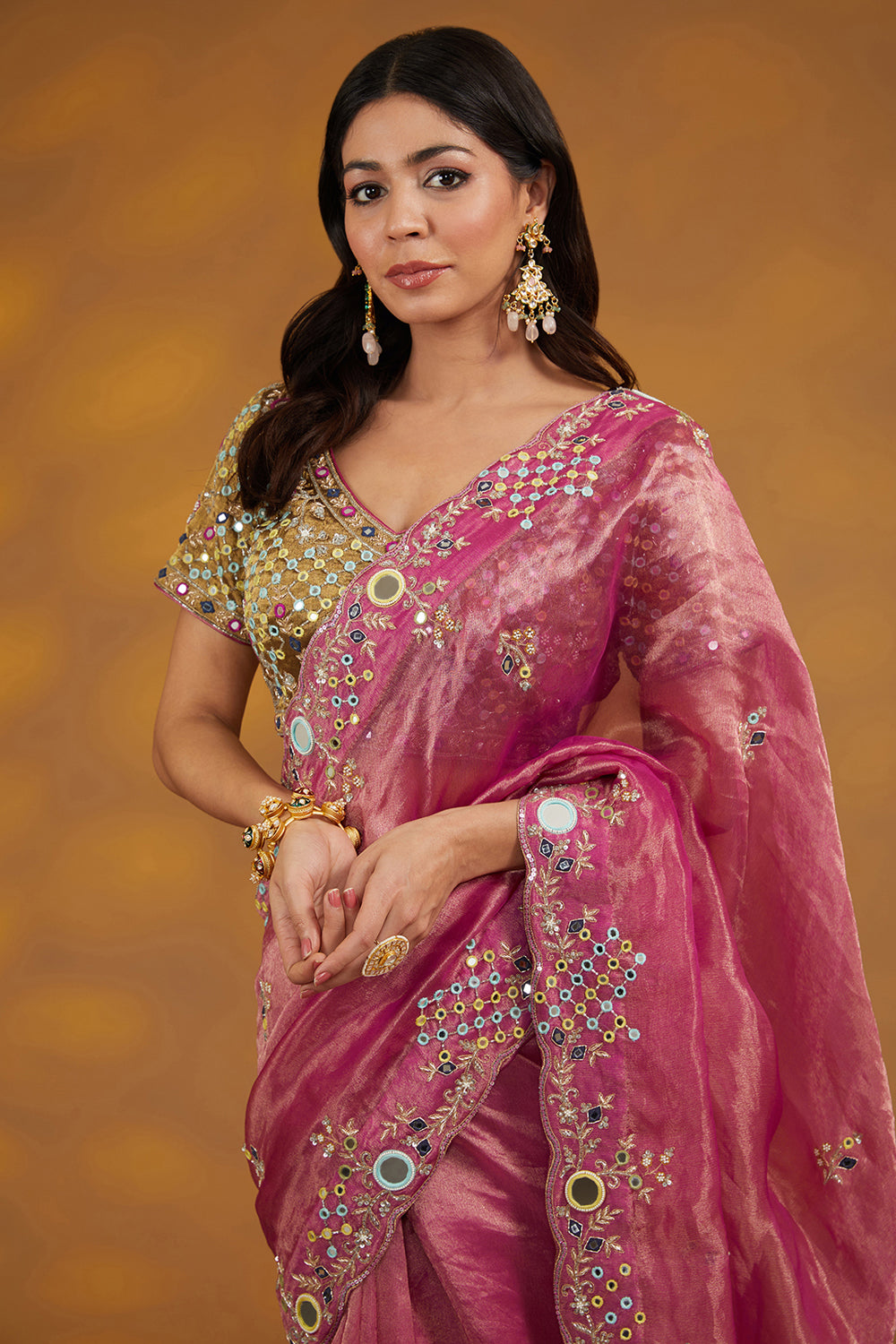 Pink Organza Tissue Hand Embroidered Saree Set